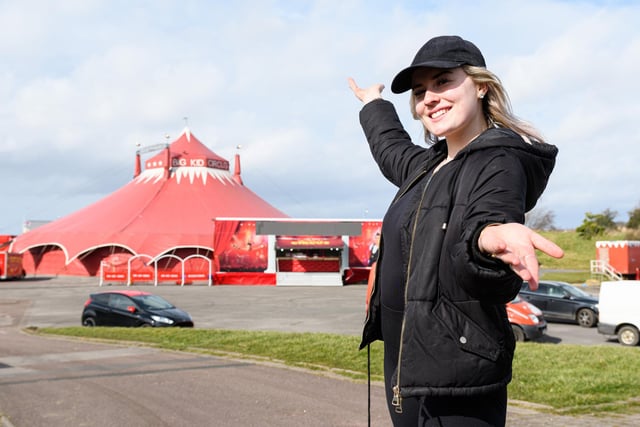 Ringmistress Caitlin Wright outside the big red tent of Big Kid Circus. Photo: Kelvin Stuttard