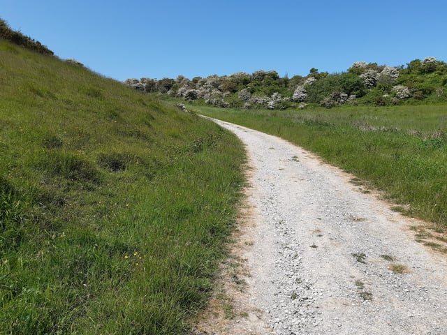 If you don't fancy that, you can follow a longer hairpin-bend route that is less steep. To do this, head on uphill from the gate along the wide, white path.