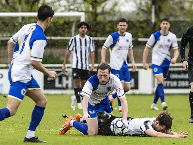 Action between Peacehaven & Telscombe and Haywards Heath Town in the final SCFL premier game of the 23-24 season