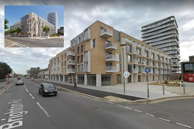 Completed Bayside Apartments and inset artist's impression of the scheme showing tree planting (Google Maps Streetview)