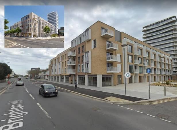 Completed Bayside Apartments and inset artist's impression of the scheme showing tree planting (Google Maps Streetview)