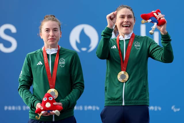 Gold medalist, Katie-George Dunlevy of Team Ireland poses for a photo on the podium after the Women's B Individual Time Trial on day seven of the Paris 2024 Summer Paralympic Games at on September 04, 2024 in Paris, France. (Photo by Michael Steele/Getty Images)