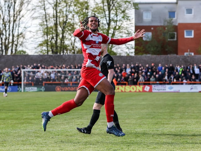 Action from Eastbourne Borough's final-day 3-2 win at Braintree - the Sports have stayed up with six points to spare
