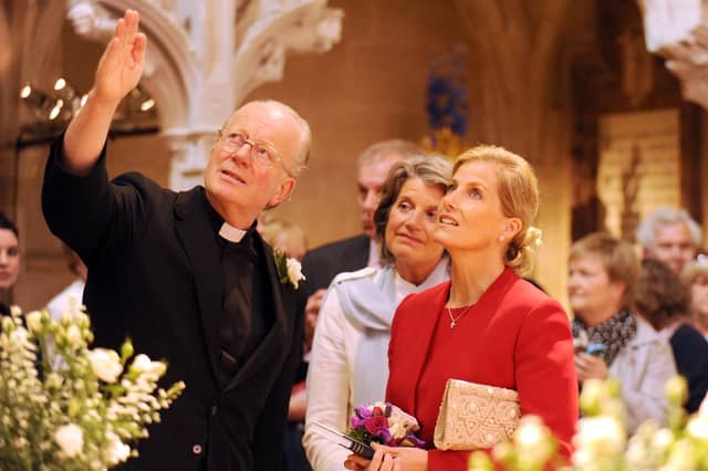 The Countess of Wessex talking to the Dean of Chichester with the Countess of Cork and Orrery, assistant flower designer
