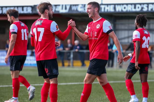 Eastbourne Borough players celebrate a goal in their win over Uxbridge | Picture: Lydia Redman
