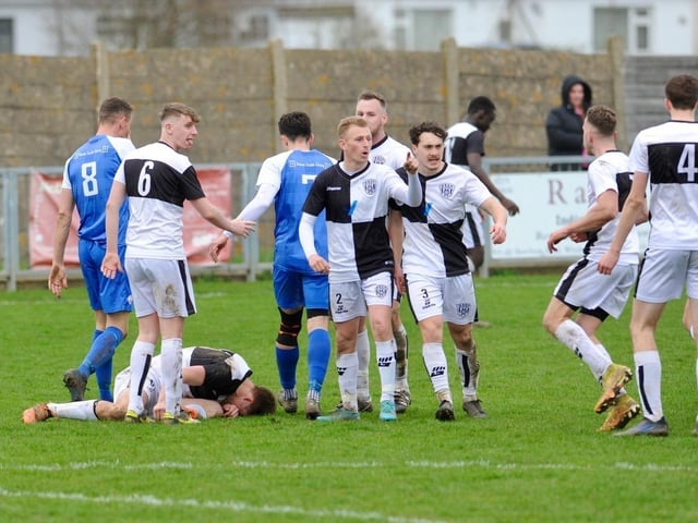 Action from Shoreham's 1-0 win over East Preston at Middle Road in division one of the SCFL