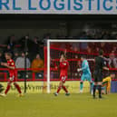 Action from the Sky Bet League 2 match against Crawley Town FC at The Broadfield Stadium, Saturday 16 December2023 
Photo credit -  Chris & Jeanette Holloway / The Bigger Picture.media