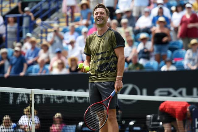 Liam Broady of Great Britain celebrates winning match point against Jan Choinski of GB in the Men's Singles First Round match during Day Four of the Rothesay International Eastbourne at Devonshire Park  (Photo by Harriet Lander/Getty Images for LTA)