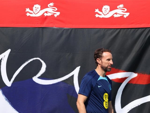 DOHA, QATAR - NOVEMBER 17: England manager Gareth Southgate  during the England Training |session at Al Wakrah Stadium on November 17, 2022 in Doha, Qatar. (Photo by Michael Steele/Getty Images)