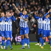 Brighton & Hove Albion celebrate with the fans after the team's victory during the UEFA Europa League match v Olympique de Marseille