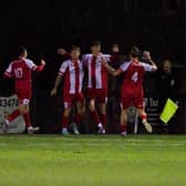 Steyning Town celebrate on their way to victory at Burgess Hill Town | Picture: Chris Neal