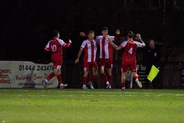 Steyning Town celebrate on their way to victory at Burgess Hill Town | Picture: Chris Neal