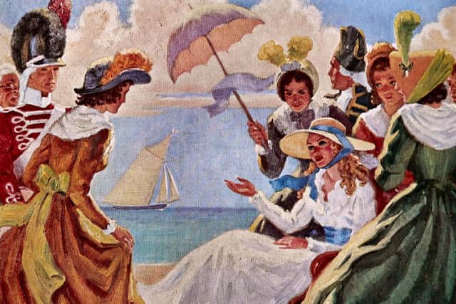 Princess Amelia with her entourage taking the sea air during her convalescence in 1798. From a painting by Lance Cattermole.