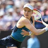 Britain's Harriet Dart returns to Latvia's Jelena Ostapenko during their women's singles round of 16 tennis match at the Rothesay Eastbourne International tennis tournament in Eastbourne, southern England, on June 28, 2023. (Photo by Glyn KIRK / AFP) (Photo by GLYN KIRK/AFP via Getty Images):Action from Wednesday's play at the Rothesay International at Devonshire Park, Eastbourne