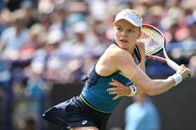 Britain's Harriet Dart returns to Latvia's Jelena Ostapenko during their women's singles round of 16 tennis match at the Rothesay Eastbourne International tennis tournament in Eastbourne, southern England, on June 28, 2023. (Photo by Glyn KIRK / AFP) (Photo by GLYN KIRK/AFP via Getty Images):Action from Wednesday's play at the Rothesay International at Devonshire Park, Eastbourne