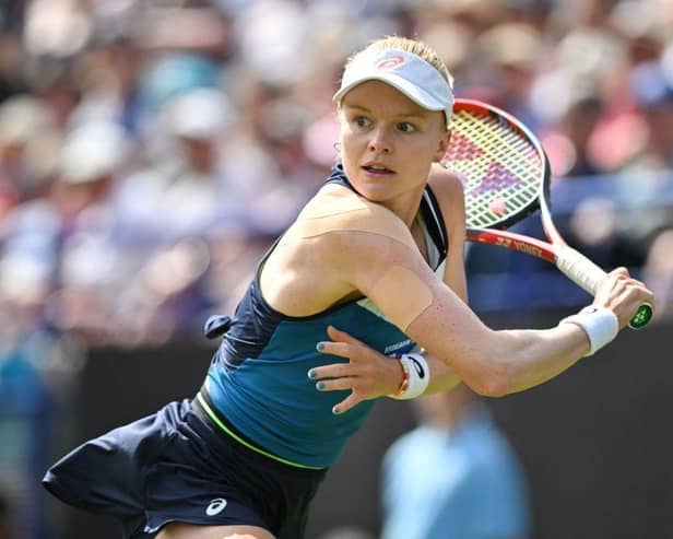 Britain's Harriet Dart returns to Latvia's Jelena Ostapenko during their women's singles round of 16 tennis match at the Rothesay Eastbourne International tennis tournament in Eastbourne, southern England, on June 28, 2023. (Photo by Glyn KIRK / AFP) (Photo by GLYN KIRK/AFP via Getty Images):Action from Wednesday's play at the Rothesay International at Devonshire Park, Eastbourne