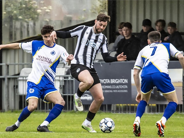 Action between Peacehaven & Telscombe and Haywards Heath Town in the final SCFL premier game of the 23-24 season
