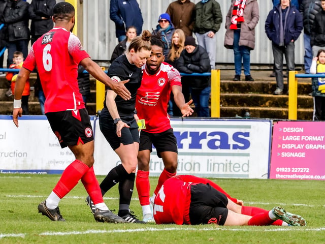 Eastbourne Borough recovered from 2-1 down at half-time to win 3-2 at St Albans City. Picture by Lydia Redman