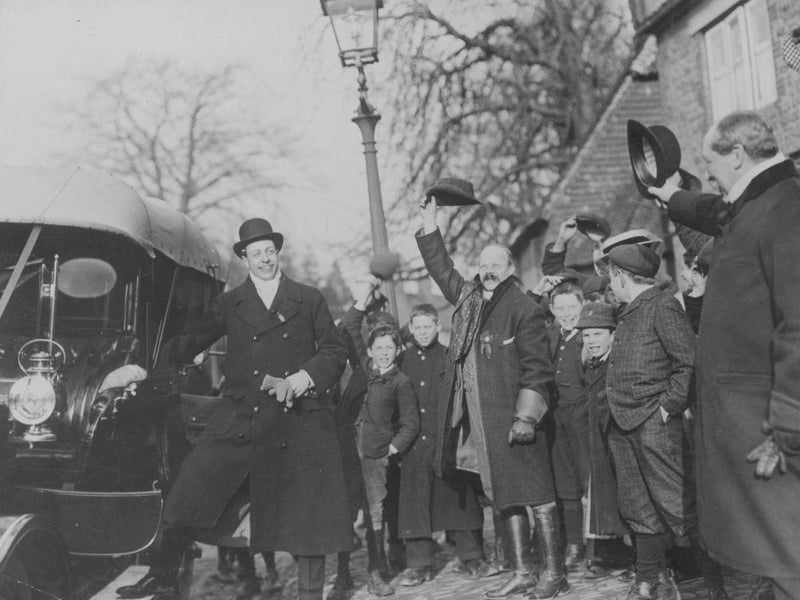 Supporters cheering Lord Winterton, the Unionist candidate in the Horsham election of 1904.