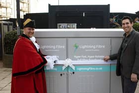 Hastings mayor James Bacon unveiling a new Primary Node Cabinet with Lightning Fibre CEO Ben Ferriman in February 2023