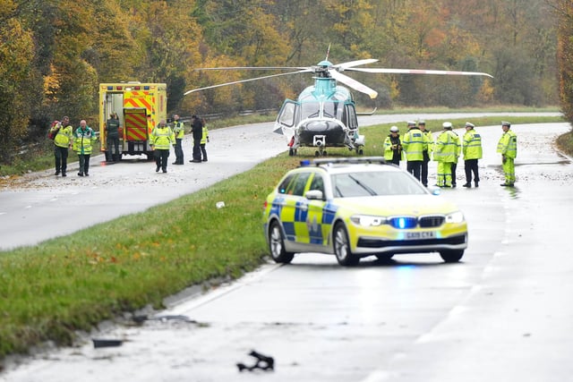 The A24 is closed both ways between the Findon and Washington roundabouts and an air ambulance has landed at the scene. Photo: Freelance