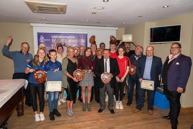 Olympic silver medallist Gail Emms and town councillors Billy Blanchard-Cooper and Jill Long with all the 2021 award winners