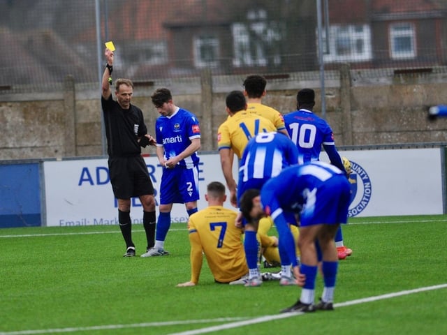 Action from Lancing FC's 1-0 home loss to East Grinstead Town in the Isthmian south east division