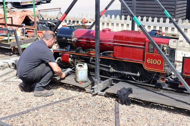 The Royal Scot being oiled up for its first run.