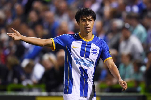 Japanese international, Kaoru Mitoma - pictured during Brighton's EFL Cup win at Forest Green Rovers - has made four substitute appearances in the Premier League this season. (Photo by Alex Burstow/Getty Images)