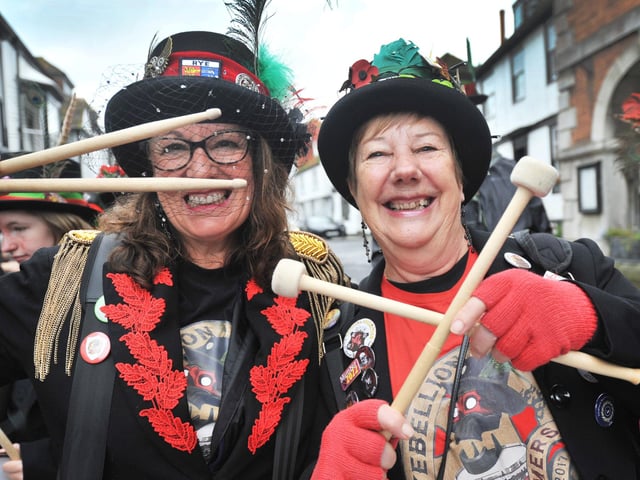 The 71st National Town Criers' Championships in Rye on October 12 2024. Ryebellion Drummers.