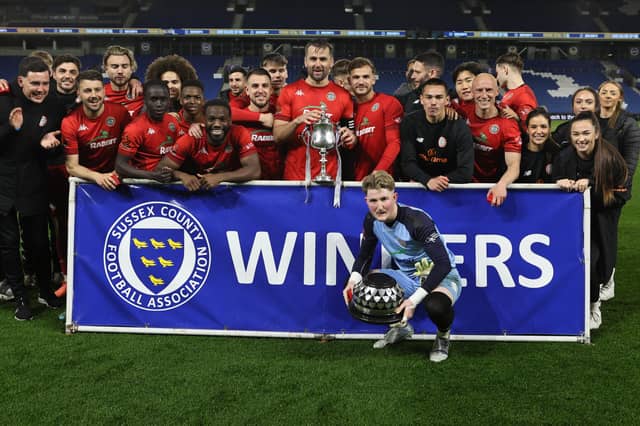 Action and celebrations as Worthing take on Bognor Regis Town in the Sussex Senior Cup final at the Amex Stadium - and win 8-7 on penalties