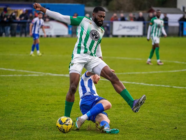 Action from Haywards Heath Town FC;s 1-1 draw with VCD in the Isthmian south east division