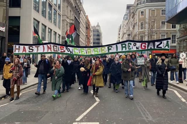 Hastings banner on display in London march on Saturday 13 January