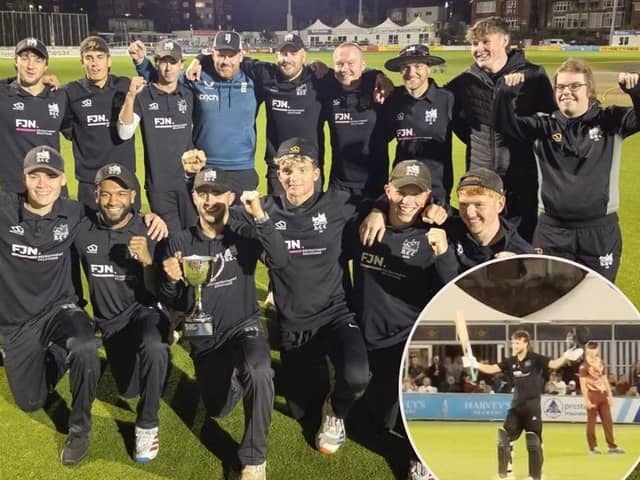 Roffey celebrate with the cup and, inset, Frankie Cripps celebrates his century