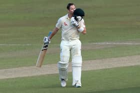 Steve Smith of Australia celebrates after reaching 100 during day one of the Second Test in the series between Sri Lanka and Australia at Galle (Photo by Buddhika Weerasinghe/Getty Images)