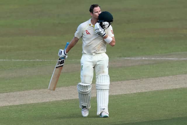 Steve Smith of Australia celebrates after reaching 100 during day one of the Second Test in the series between Sri Lanka and Australia at Galle (Photo by Buddhika Weerasinghe/Getty Images)