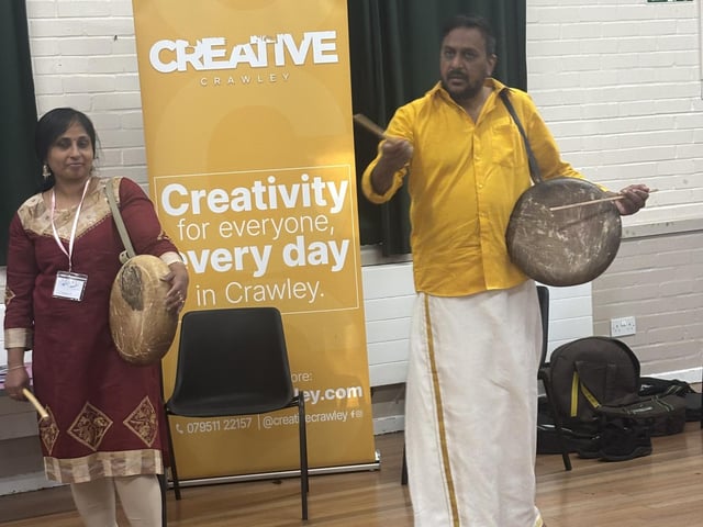 Children and adults came together in Crawley to discover the powerful rhythms of Parai, a traditional Tamil drumming art form, at a community workshop organised by Aurvi Collective