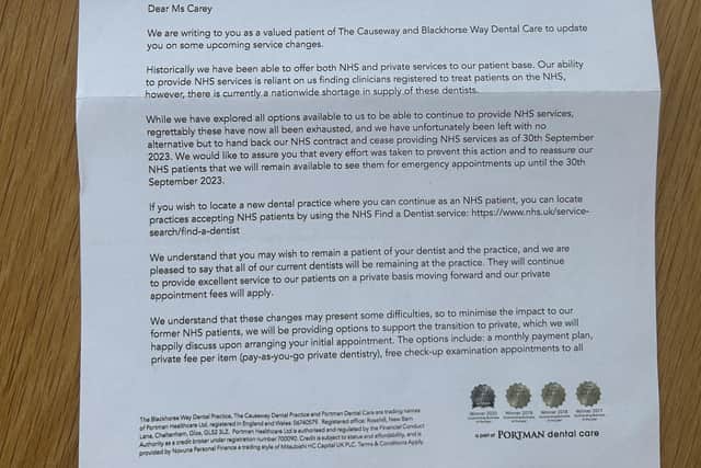 A letter sent to Kate Carey from the business running the Horsham dental practice that she and her family have been with for 20 years