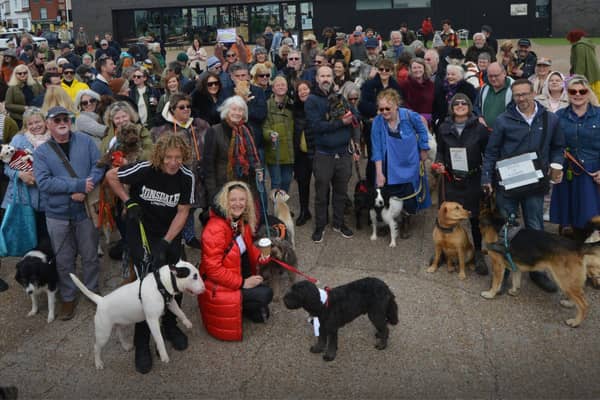 Protest against the dog beach ban in Hastings Old Town on April 20 2024.