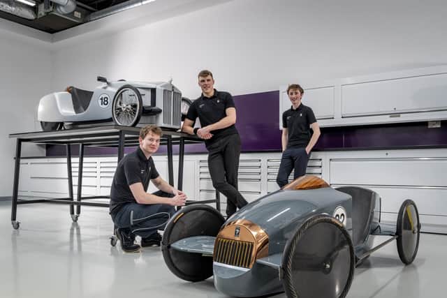 The first vehicles ever produced by Rolls-Royce Motor Cars at its then new home near Chichester more than 20 years ago were a pair of hand-built gravity racers which took part in the Soapbox Challenge at the Goodwood Festival of Speed in the 2001 and 2002. A team of Rolls-Royce apprentices have now worked together to refurbish these original cars. Photo: Rolls-Royce Motor Cars