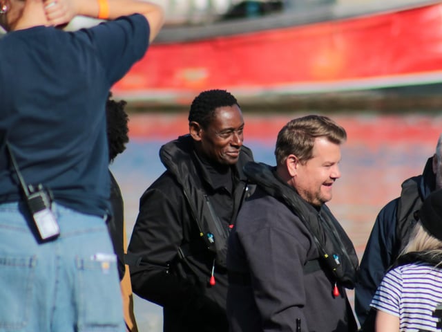 James Corden and David Harewood filming