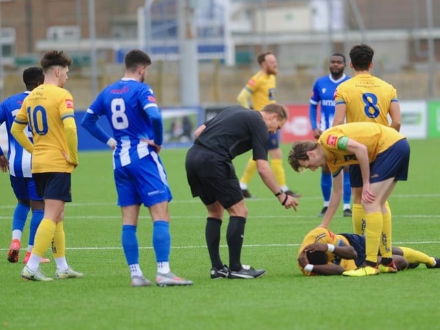Action from Lancing FC's 1-0 home loss to East Grinstead Town in the Isthmian south east division