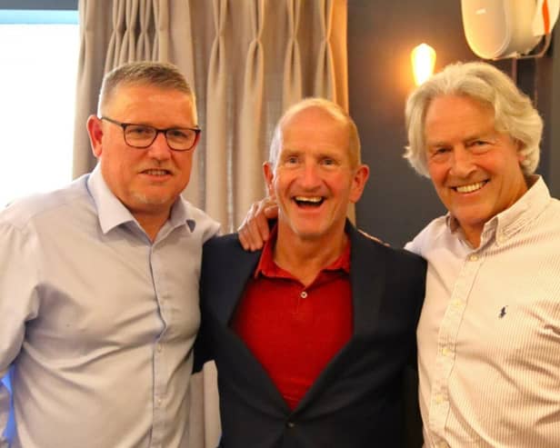 Peter Kennard, Eddie the Eagle, and Derek Steel at the St George's Day Lunch in aid of Guild Care