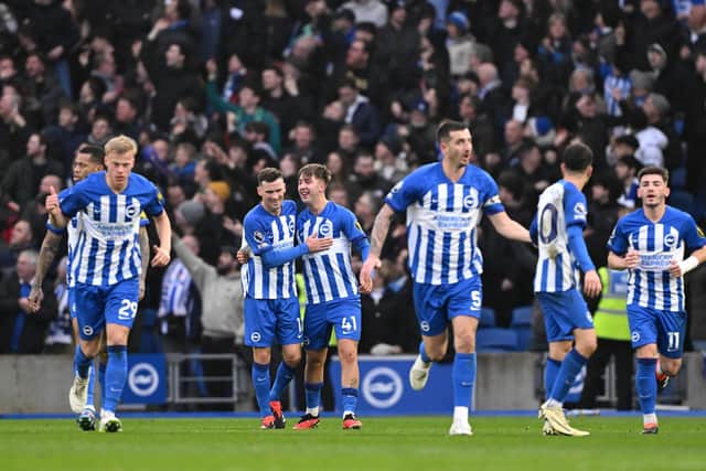 Jack Hinshelwood celebrates scoring his team's second goal with teammate Pascal Gross as Brighton hammer Crystal Palace (Photo by Mike Hewitt/Getty Images)