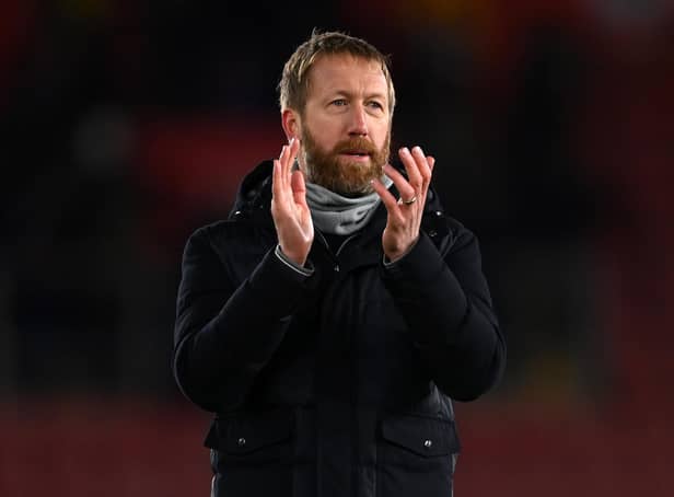 Graham Potter acknowledges the fans after the Premier League match between Southampton and Brighton & Hove Albion at St Mary's Stadium on December 04, 2021 in Southampton, England. (Photo by Mike Hewitt/Getty Images)