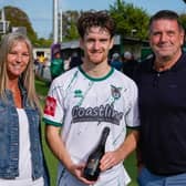 Luke Pardoe gets his MoM prize after the Rocks beat Moneyfields | Picture by Trevor Staff