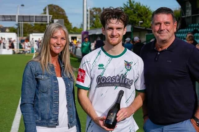 Luke Pardoe gets his MoM prize after the Rocks beat Moneyfields | Picture by Trevor Staff