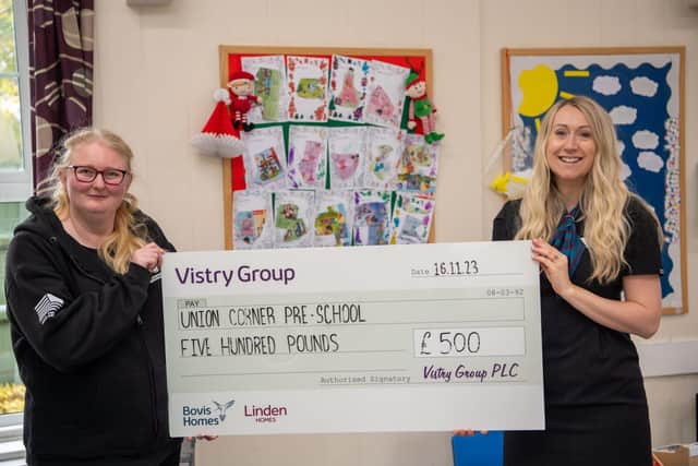 •	Vistry Group has donated £500 to Union Corner Pre-school, in Hailsham, to help buy an outdoor shed