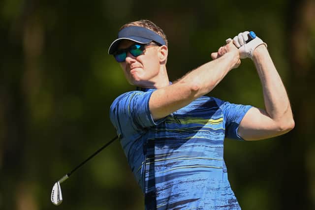 PORT LOUIS, MAURITIUS - MARCH 29: Dan Walker plays a shot during the celebrity series grand final at Constance Belle Mare Plage on March 29, 2022 in Port Louis, Mauritius. (Photo by Stuart Franklin/Getty Images)