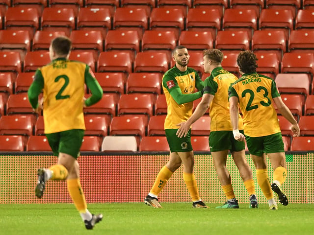 Shamir Fenelon of Horsham celebrates his goal to make it 1-1 during the Emirates FA Cup First Round match between Barnsley and Horsham at Oakwell Stadium.